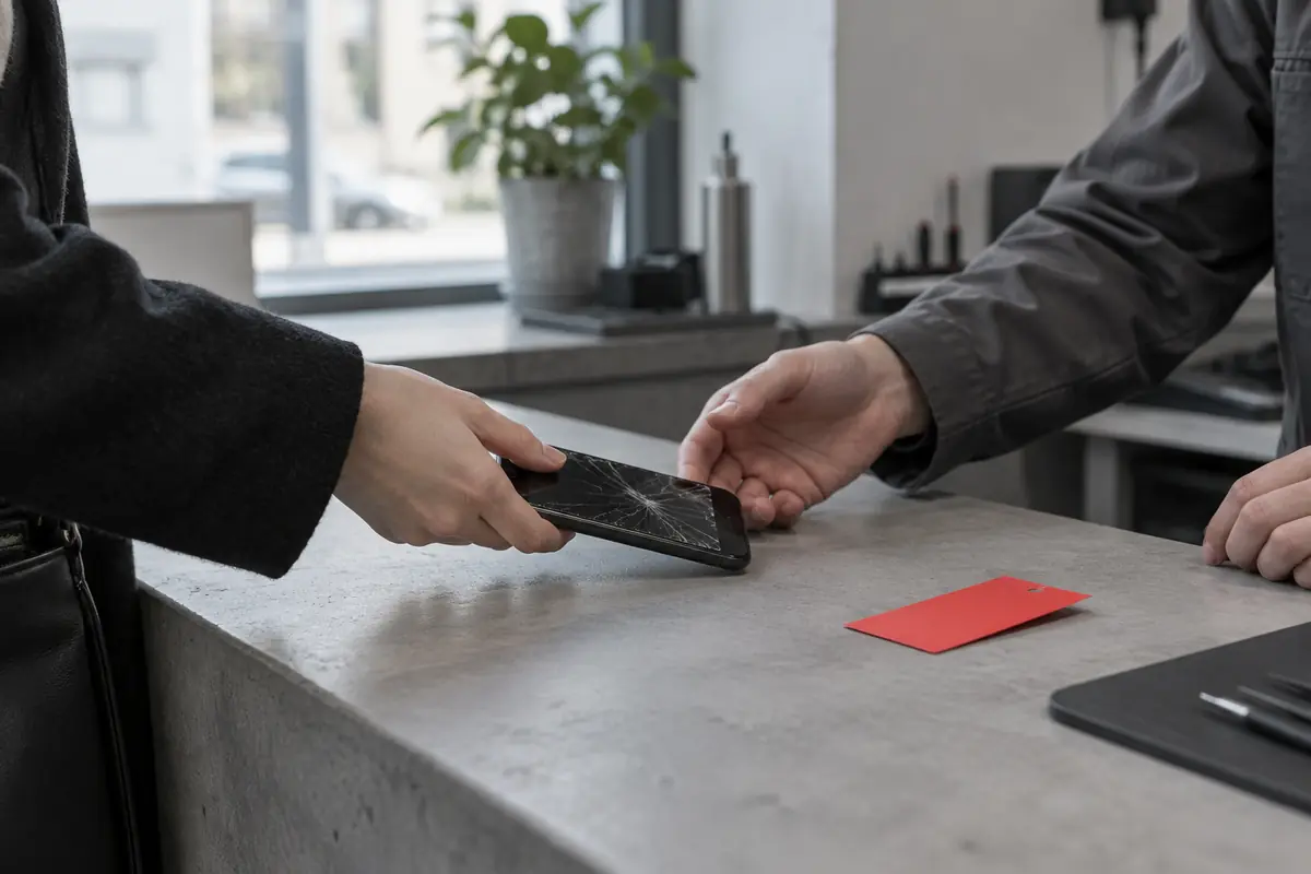 A customer handing a cracked phone across a concrete counter
