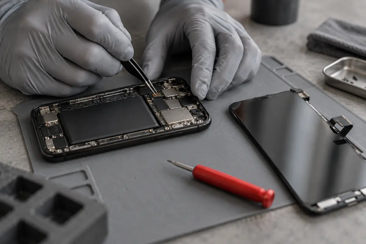 Gloved hands using tweezers to connect a new screen inside an open phone