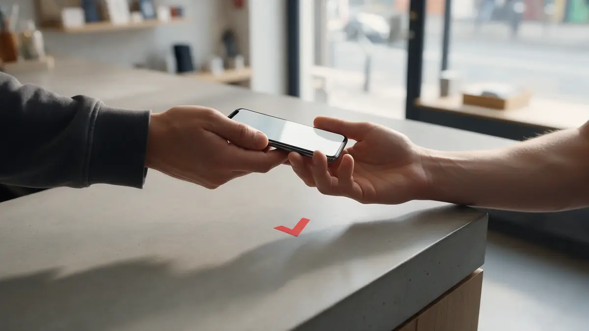 A repaired phone being handed back across the counter